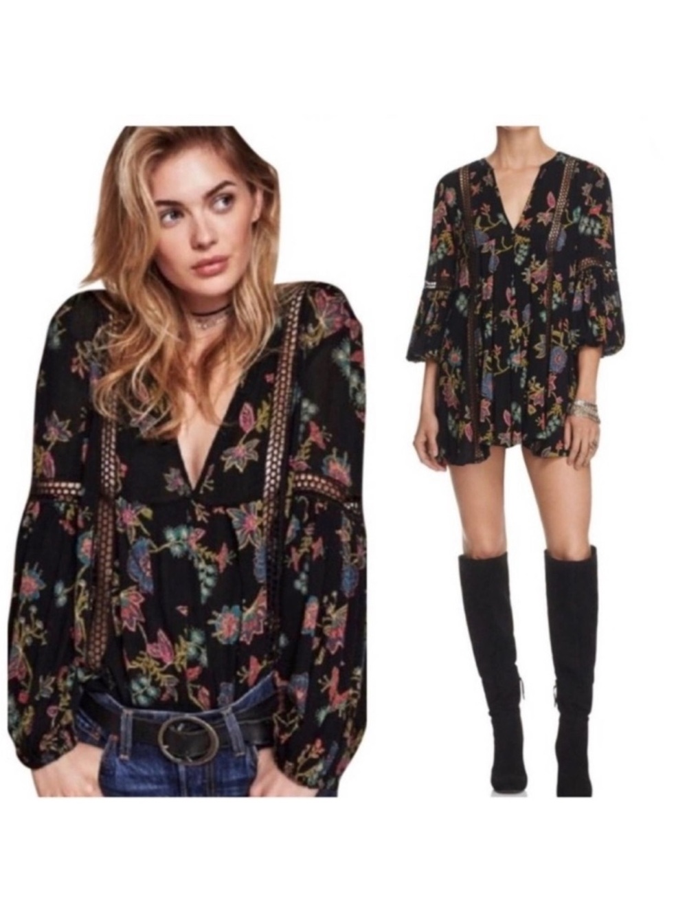 Free People “Just The Two Of Us” Crochet Lace Detail Floral Pattern Boho Tunic•S